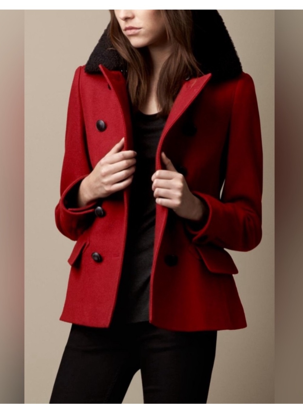 Burberry Red Double-Breasted Pea Coat with Black Faux-Shearling Collar